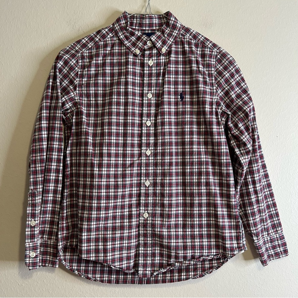 Ralph Lauren Red and White Plaid Button-Down Shirt 100% Cotton Size M 10-12